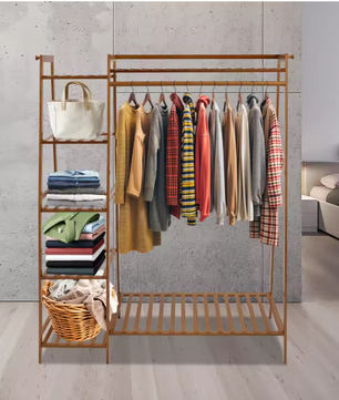 Bamboe Kledingrek met 7 Opbergplanken & Hanger – Stabiel & Ruimtebesparend