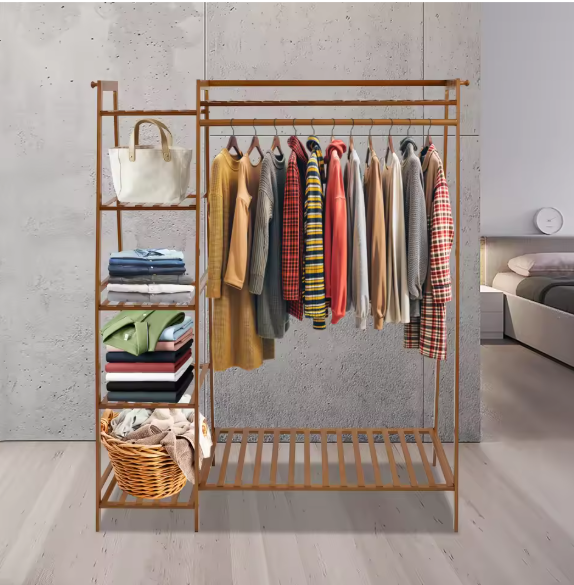 Bamboe Kledingrek met 7 Opbergplanken & Hanger – Stabiel & Ruimtebesparend