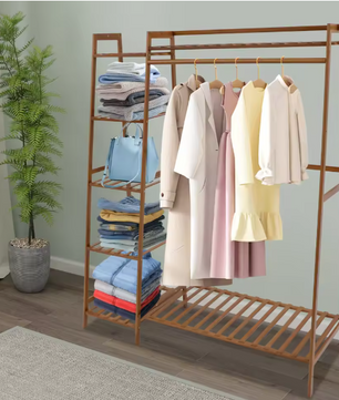 Bamboe Kledingrek met 7 Opbergplanken & Hanger – Stabiel & Ruimtebesparend