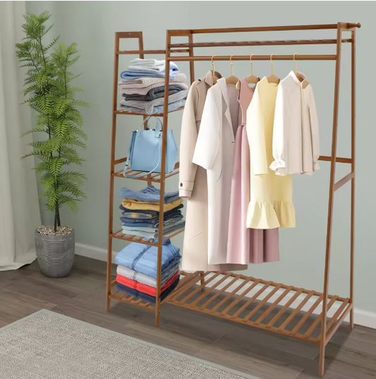 Bamboe Kledingrek met 7 Opbergplanken & Hanger – Stabiel & Ruimtebesparend