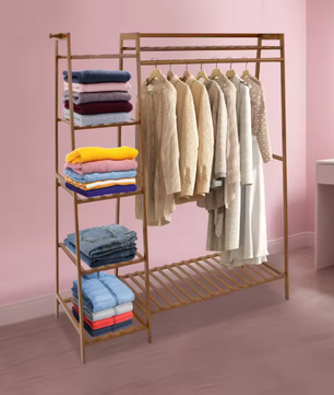 Bamboe Kledingrek met 7 Opbergplanken & Hanger – Stabiel & Ruimtebesparend