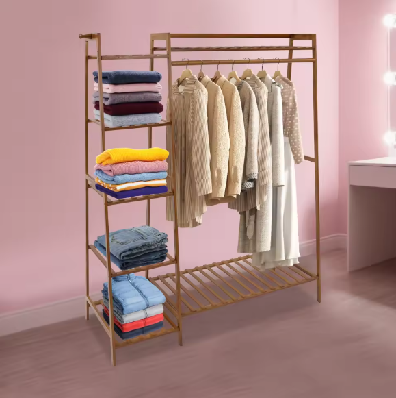 Bamboe Kledingrek met 7 Opbergplanken & Hanger – Stabiel & Ruimtebesparend