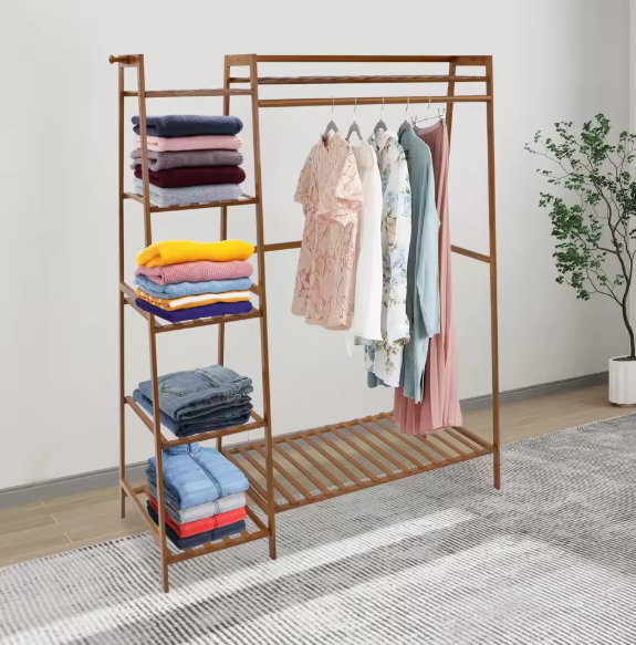 Bamboe Kledingrek met 7 Opbergplanken & Hanger – Stabiel & Ruimtebesparend