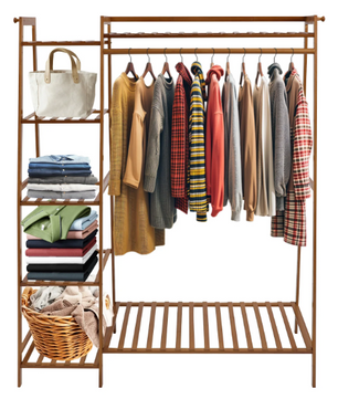 Bamboe Kledingrek met 7 Opbergplanken & Hanger – Stabiel & Ruimtebesparend