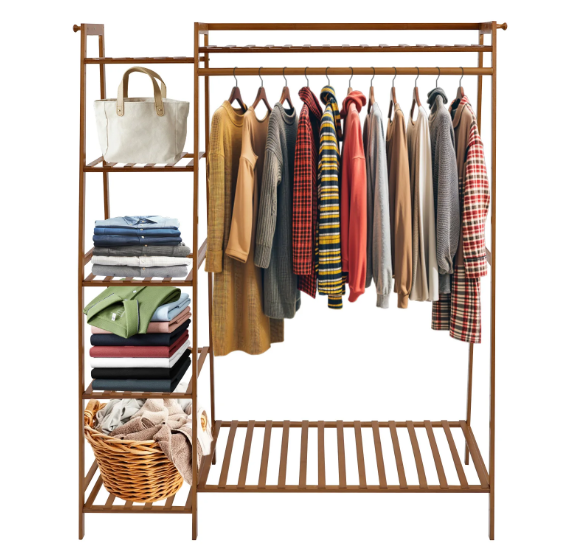 Bamboe Kledingrek met 7 Opbergplanken & Hanger – Stabiel & Ruimtebesparend