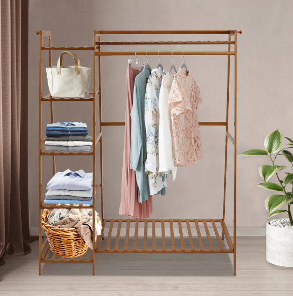 Bamboe Kledingrek met 7 Opbergplanken & Hanger – Stabiel & Ruimtebesparend
