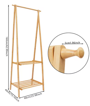 Bamboe Kledingrek Opvouwbaar – Kapstok met Kledingstang & Planken 66×40×160 cm