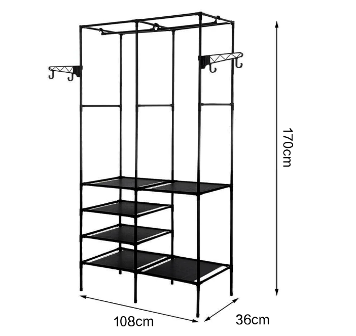 Vrijstaand Kledingrek met Schoenenplank & Haken – Metaal 108×36×170 cm