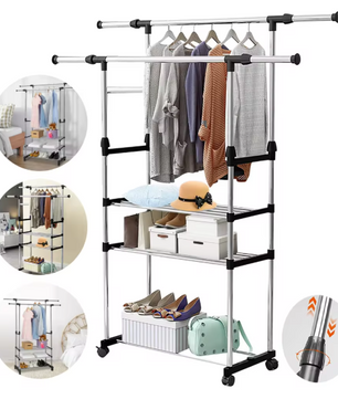 Uitschuifbaar Kledingrek met Schoenenplanken – RVS Droogrek 80–150 cm