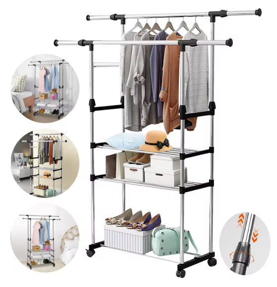 Uitschuifbaar Kledingrek met Schoenenplanken – RVS Droogrek 80–150 cm
