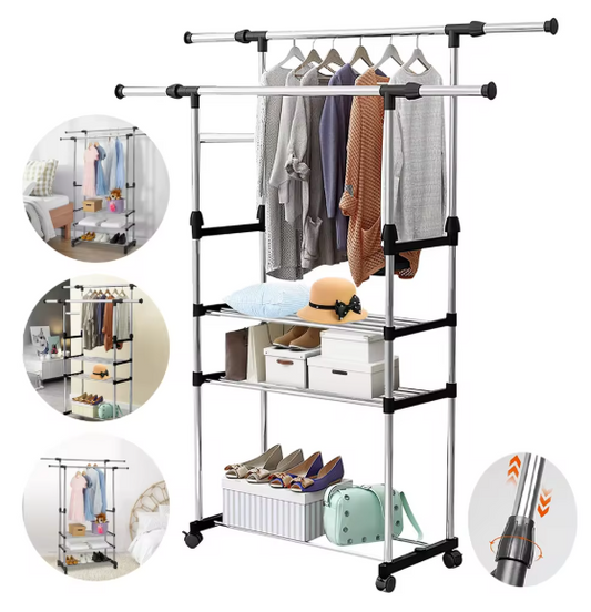 Uitschuifbaar Kledingrek met Schoenenplanken – RVS Droogrek 80–150 cm