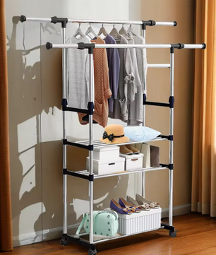 Uitschuifbaar Kledingrek met Schoenenplanken – RVS Droogrek 80–150 cm