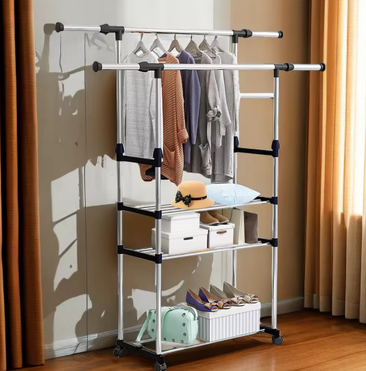 Uitschuifbaar Kledingrek met Schoenenplanken – RVS Droogrek 80–150 cm