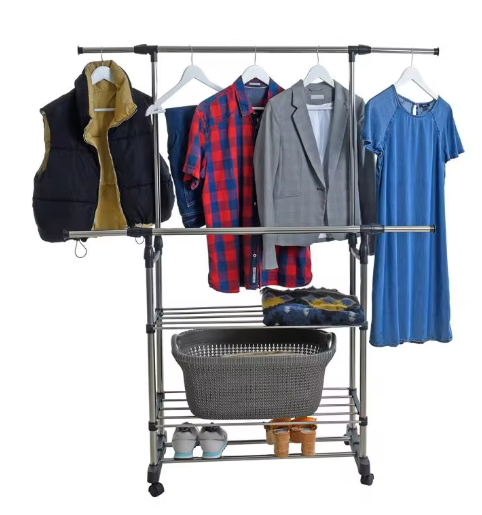 Uitschuifbaar Kledingrek met Schoenenplanken – RVS Droogrek 80–150 cm