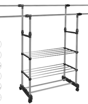 Uitschuifbaar Kledingrek met Schoenenplanken – RVS Droogrek 80–150 cm