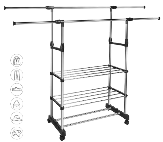 Uitschuifbaar Kledingrek met Schoenenplanken – RVS Droogrek 80–150 cm