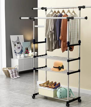 Uitschuifbaar Kledingrek met Schoenenplanken – RVS Droogrek 80–150 cm