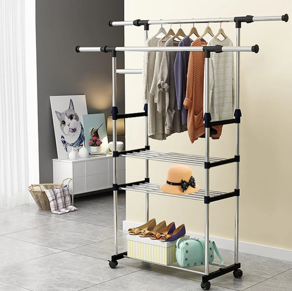 Uitschuifbaar Kledingrek met Schoenenplanken – RVS Droogrek 80–150 cm