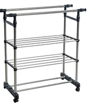Uitschuifbaar Kledingrek met Schoenenplanken – RVS Droogrek 80–150 cm