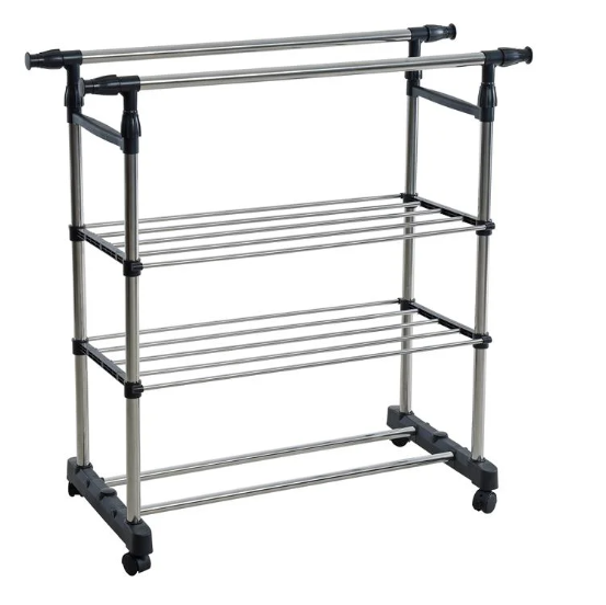 Uitschuifbaar Kledingrek met Schoenenplanken – RVS Droogrek 80–150 cm