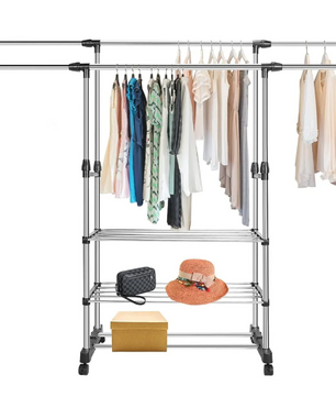 Uitschuifbaar Kledingrek met Schoenenplanken – RVS Droogrek 80–150 cm