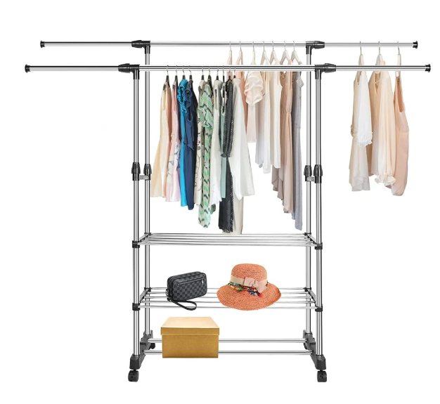 Uitschuifbaar Kledingrek met Schoenenplanken – RVS Droogrek 80–150 cm