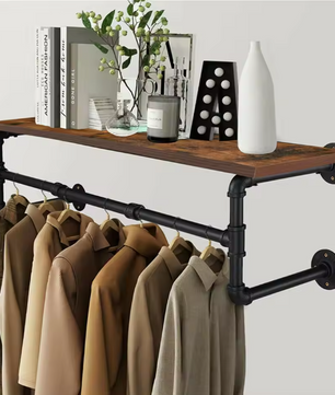 Industrieel Wandrek met Kledingroede & Houten Plank – Metaal, 100 cm