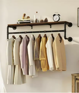 Industrieel Wandrek met Kledingroede & Houten Plank – Metaal, 100 cm