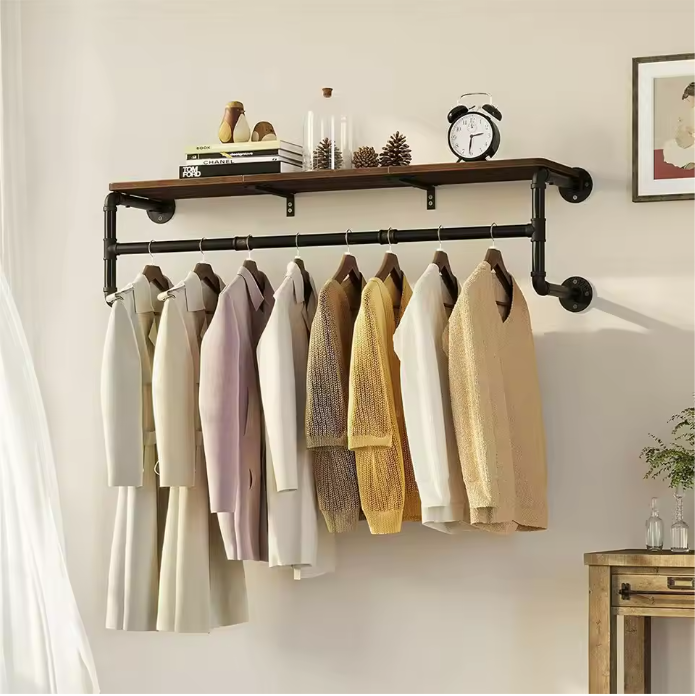 Industrieel Wandrek met Kledingroede & Houten Plank – Metaal, 100 cm