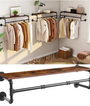 Industrieel Wandrek met Kledingroede & Houten Plank – Metaal, 100 cm
