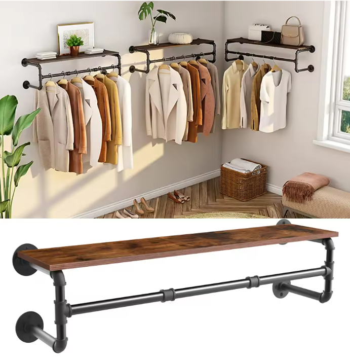 Industrieel Wandrek met Kledingroede & Houten Plank – Metaal, 100 cm
