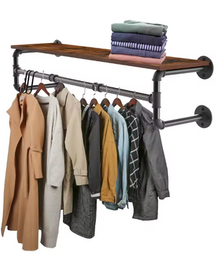 Industrieel Wandrek met Kledingroede & Houten Plank – Metaal, 100 cm