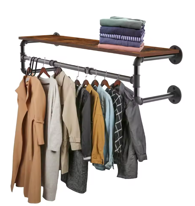 Industrieel Wandrek met Kledingroede & Houten Plank – Metaal, 100 cm