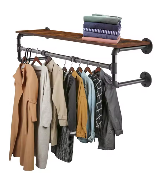Industrieel Wandrek met Kledingroede & Houten Plank – Metaal, 100 cm