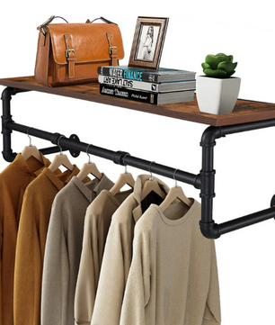 Industrieel Wandrek met Kledingroede & Houten Plank – Metaal, 100 cm