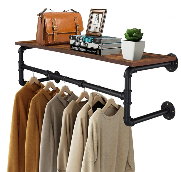 Industrieel Wandrek met Kledingroede & Houten Plank – Metaal, 100 cm