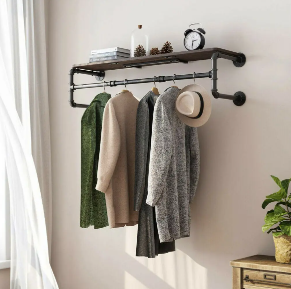 Industrieel Wandrek met Kledingroede & Houten Plank – Metaal, 100 cm