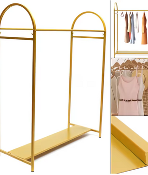 Vrijstaand Gouden Kledingrek met Plank – Stabiel & Decoratief