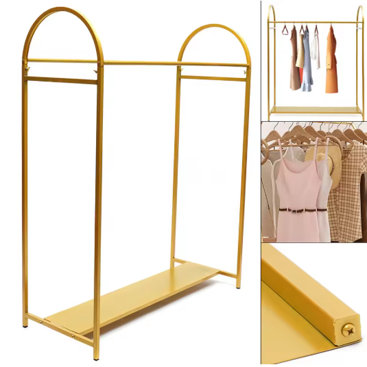 Vrijstaand Gouden Kledingrek met Plank – Stabiel & Decoratief