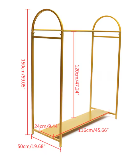Vrijstaand Gouden Kledingrek met Plank – Stabiel & Decoratief