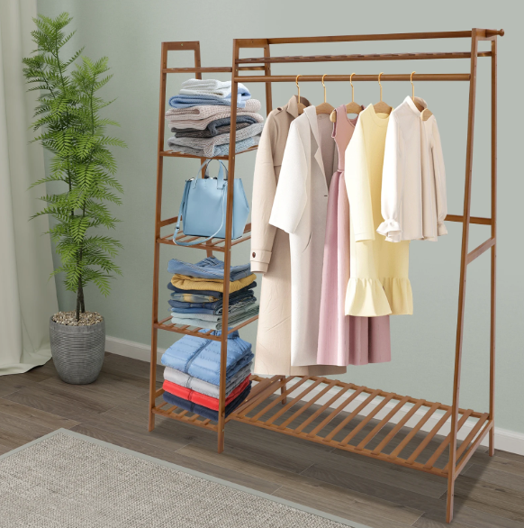 Bamboe Kledingrek met Legplanken – Open Kledingkast 110×40×140 cm