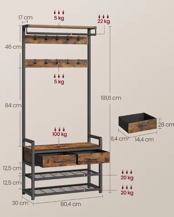 Kapstok met Schoenenbank en Lades – 6-in-1 Wandmeubel 181,6 cm