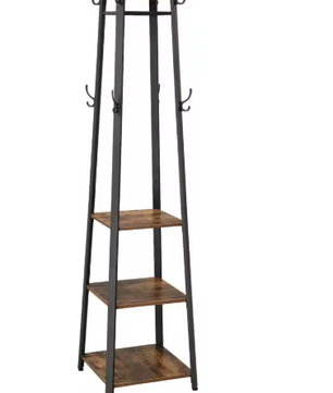 Staande Kapstok met 8 Haken en 3 Planken – Vintage Halmeubel 43×43×180 cm