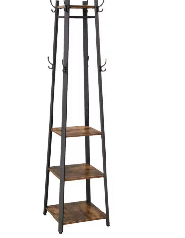 Staande Kapstok met 8 Haken en 3 Planken – Vintage Halmeubel 43×43×180 cm