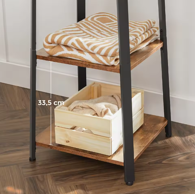 Staande Kapstok met 8 Haken en 3 Planken – Vintage Halmeubel 43×43×180 cm