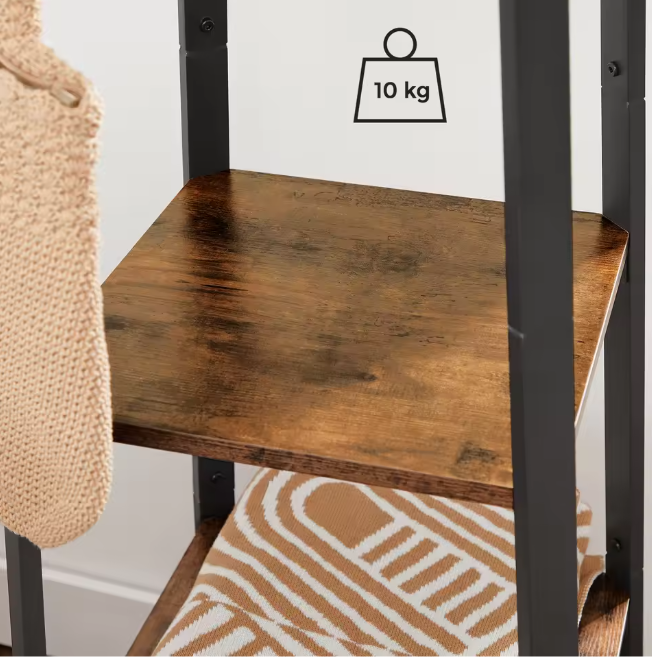 Staande Kapstok met 8 Haken en 3 Planken – Vintage Halmeubel 43×43×180 cm