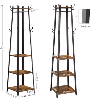 Staande Kapstok met 8 Haken en 3 Planken – Vintage Halmeubel 43×43×180 cm