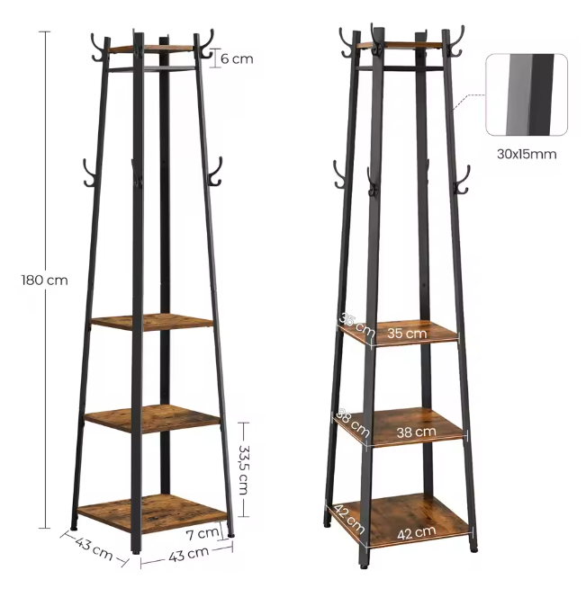 Staande Kapstok met 8 Haken en 3 Planken – Vintage Halmeubel 43×43×180 cm