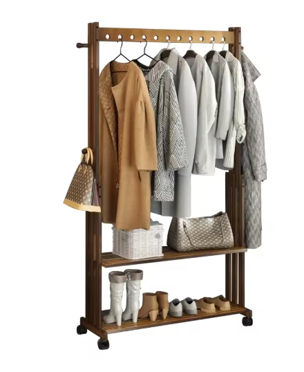 Bamboe Kledingrek met Wielen – Kapstok met Legplanken 104×32,2×166 cm