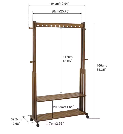 Bamboe Kledingrek met Wielen – Kapstok met Legplanken 104×32,2×166 cm